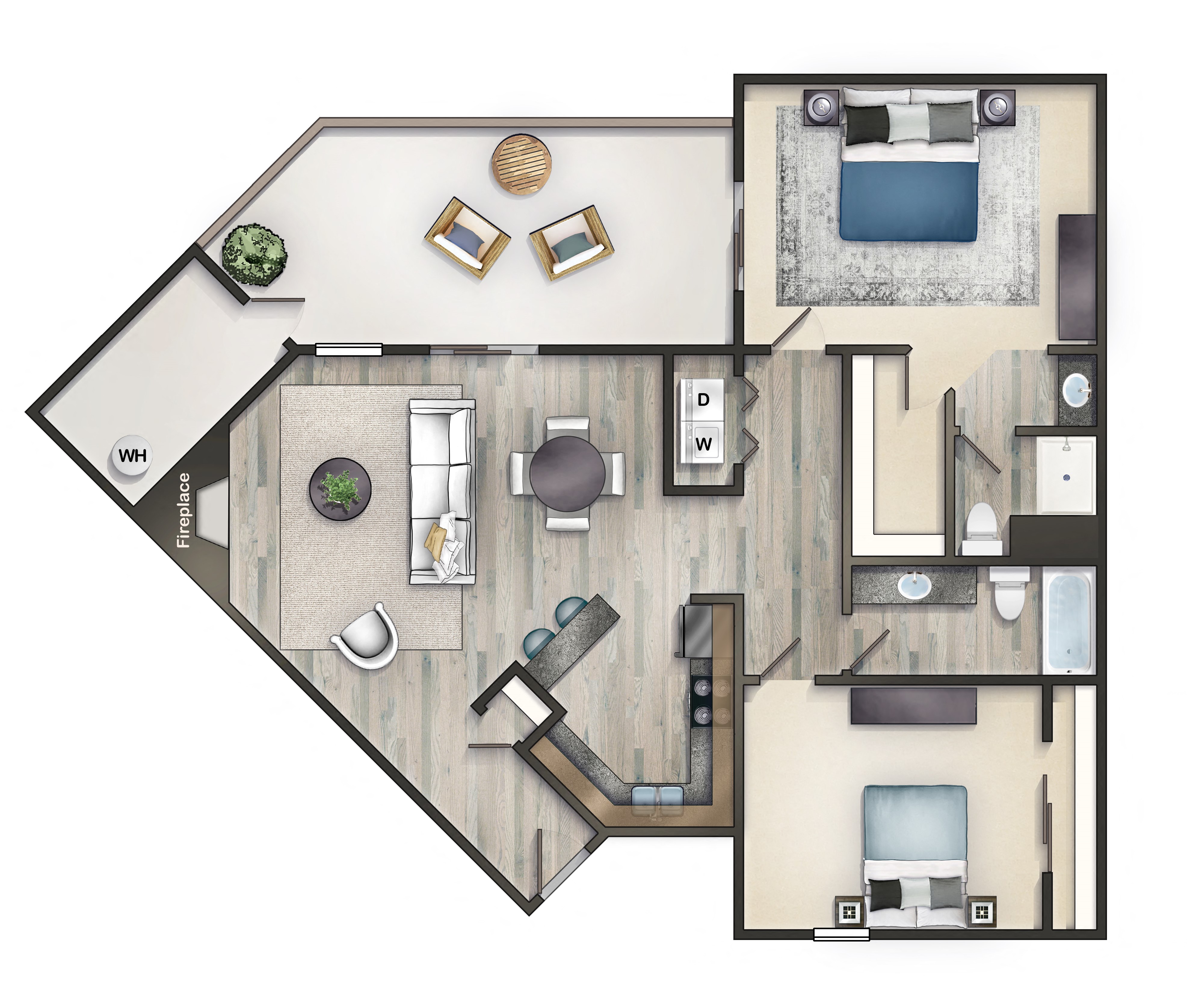 Floor plan for 2 beds, 2 baths, 1010 sqft